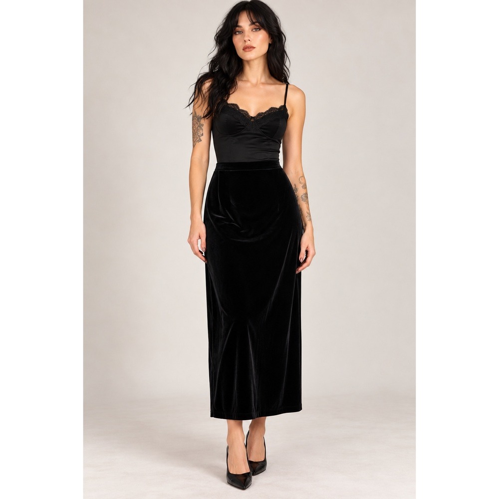 Whimsigoth 90s Black Velvet Long Skirt Goth Dark Romantic Medium